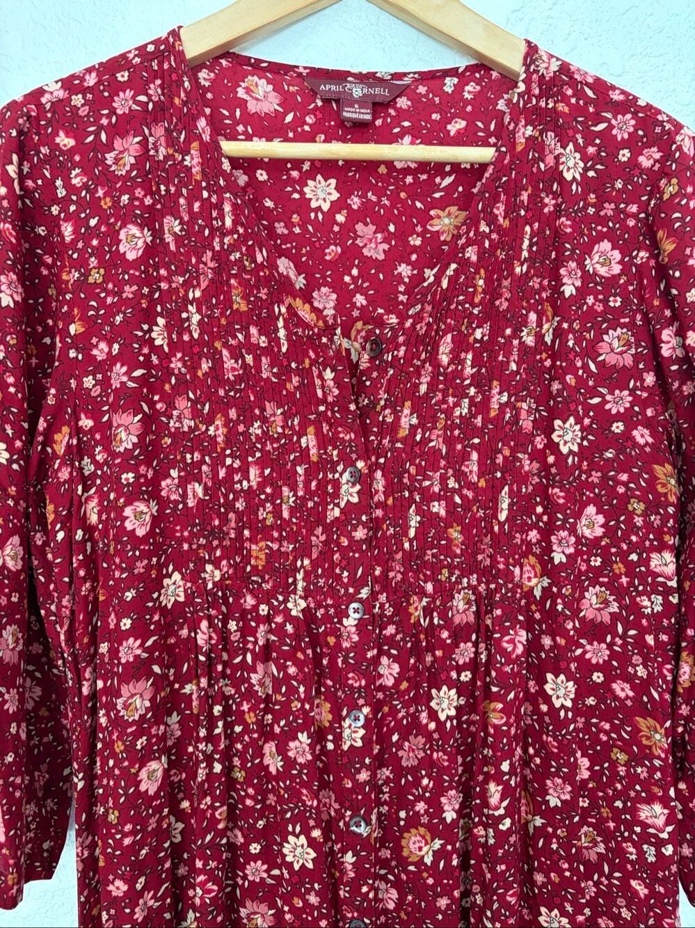April Cornell Burgundy Floral Prairie Maxi Dress Pintuck Boho Cottagecore Size S - Picture 6 of 12